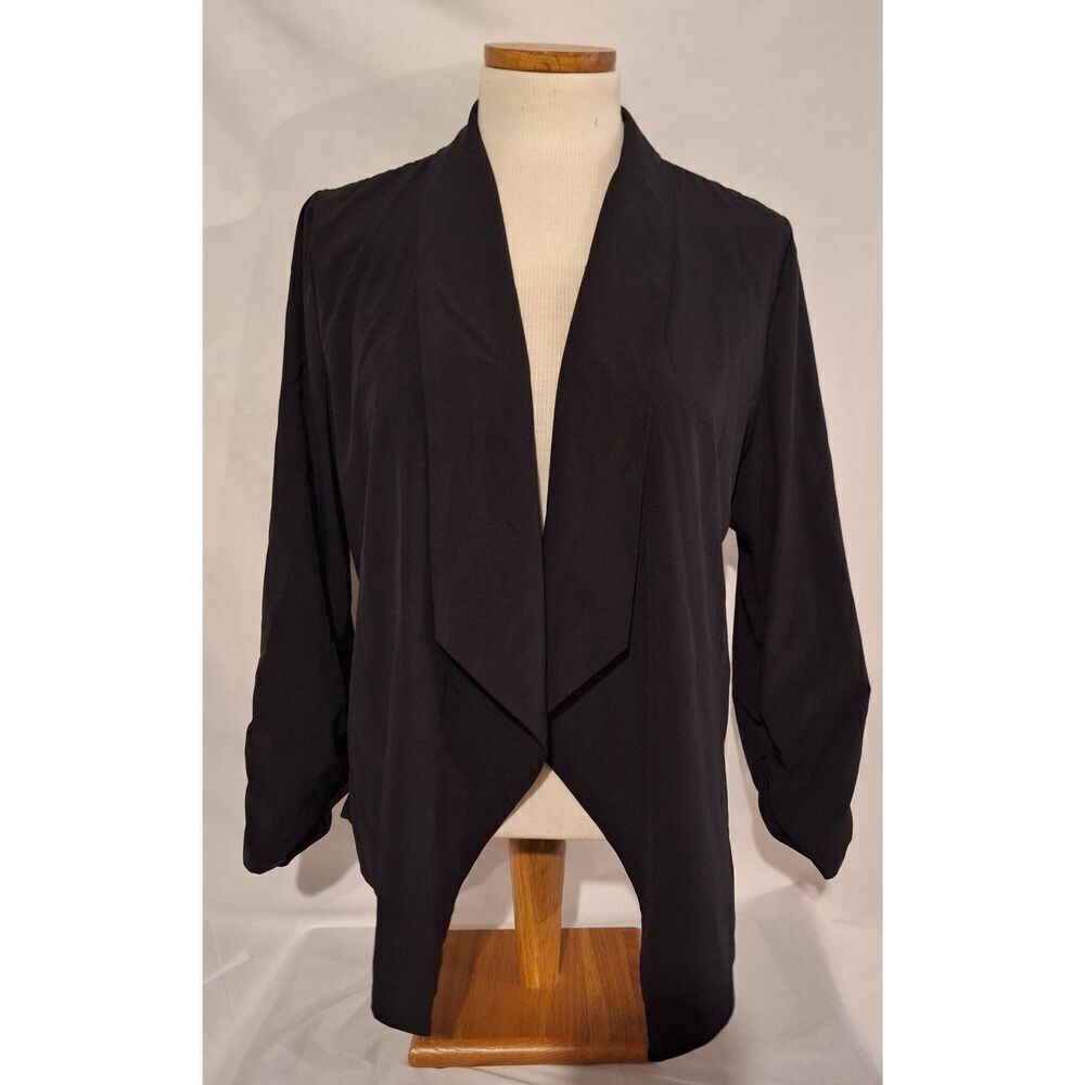 Mine Womens Black Long Ruched Sleeve Jacket w/‎ Floral Lace Detail Size Large